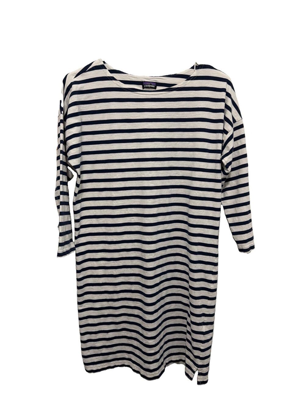 Patagonia Seatoller Dress Blue White Nautical Stripes 3/4 sleeve Size L